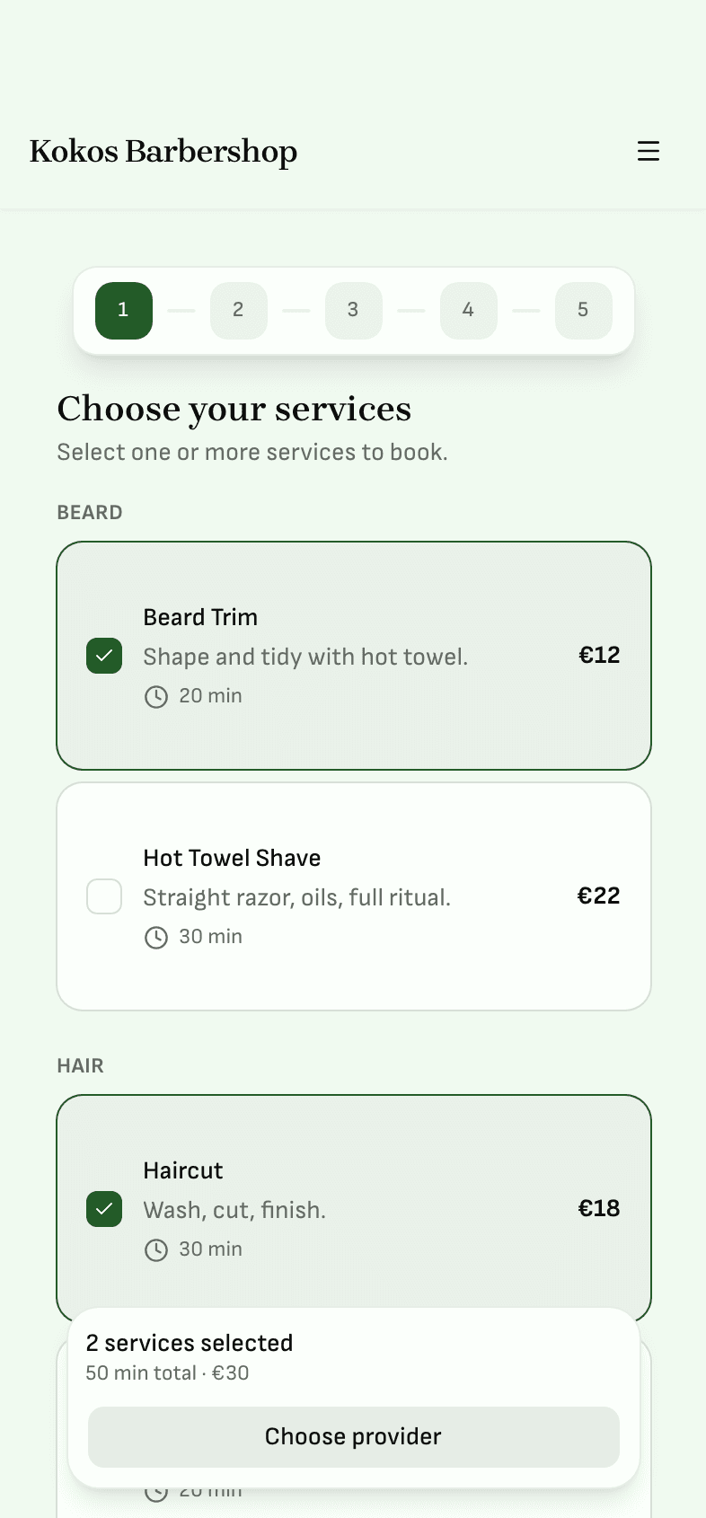 Booking flow on a real Rantevo tenant site — Kokos Barbershop in Nicosia